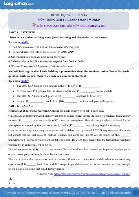 Đề thi học kì 1 Tiếng Anh 11 iLearn Smart World - Đề số 6